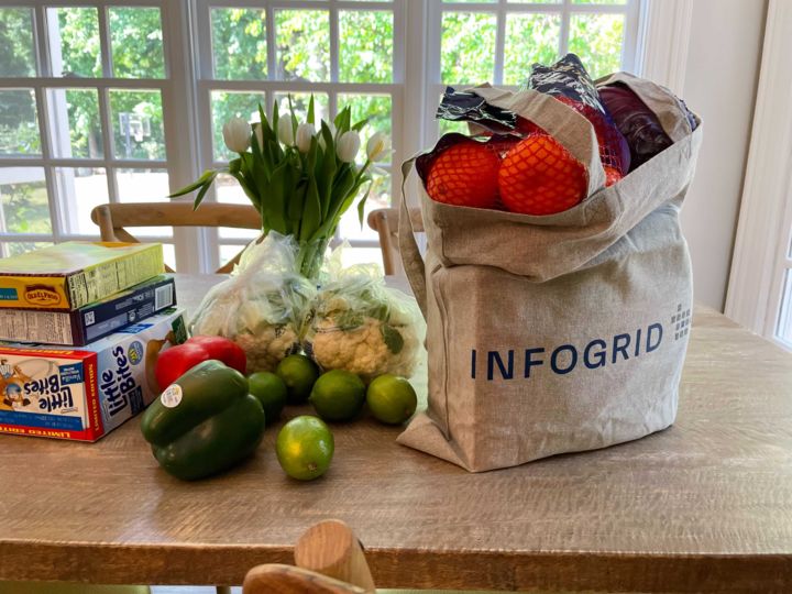 Eco-friendly promotional merchandise for Infogrid - a branded tote bag full of fruit and veg.