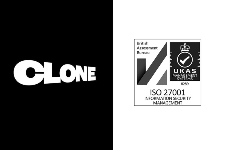 Image: ISO 27001 logo and Clone Media logo