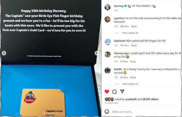 Image: Birds Eye sending a Gold Card to Stormzy so he can received fish fingers for life. On the right showing a social media conversation about it with Stormzy