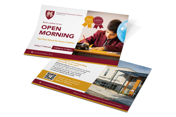 Image: Flyers for Homefield Prep showing text saying 'open morning'