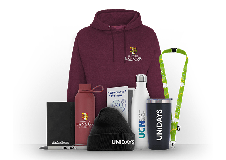 Image: Freshers merchandise, hoodie, beanie, thermal cups, branded for universities