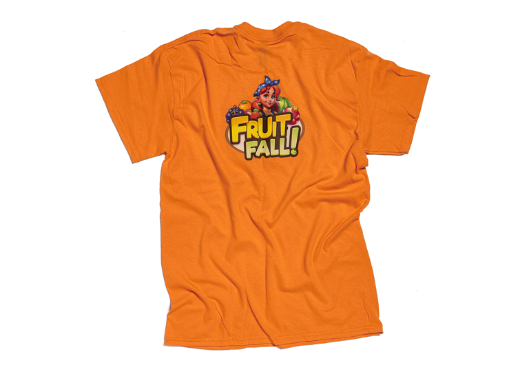 Image: Branded tshirt for Fruitfall with image of fruit on orange tshirt
