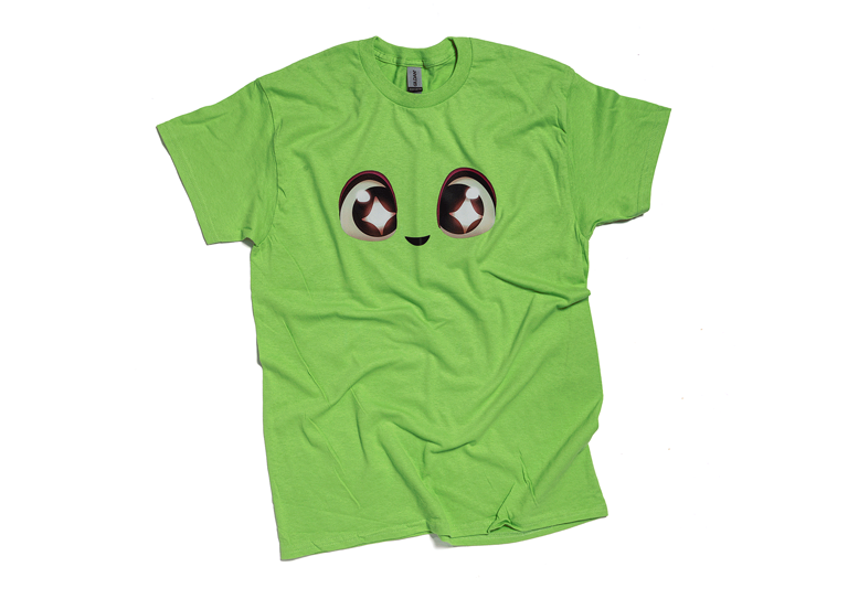 Image: Branded tshirt for Fruitfall with large eyes on a green tshirt