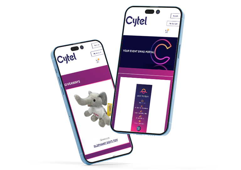 Image: Two mobile phones showing the Cytel branded merchandise portal