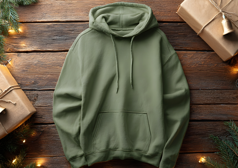 Image: Khaki Green hoody on a wooden panelled background with christmas gifts and branches