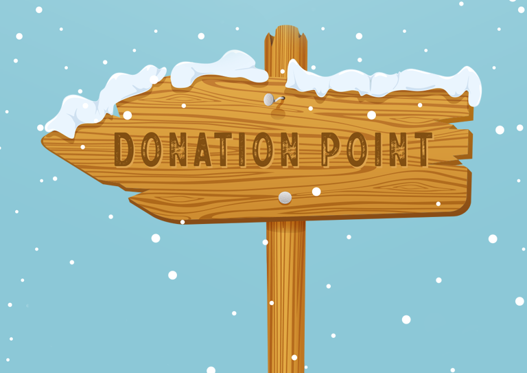 Image: Wooden directions sign pointing right saying "Donation Point"