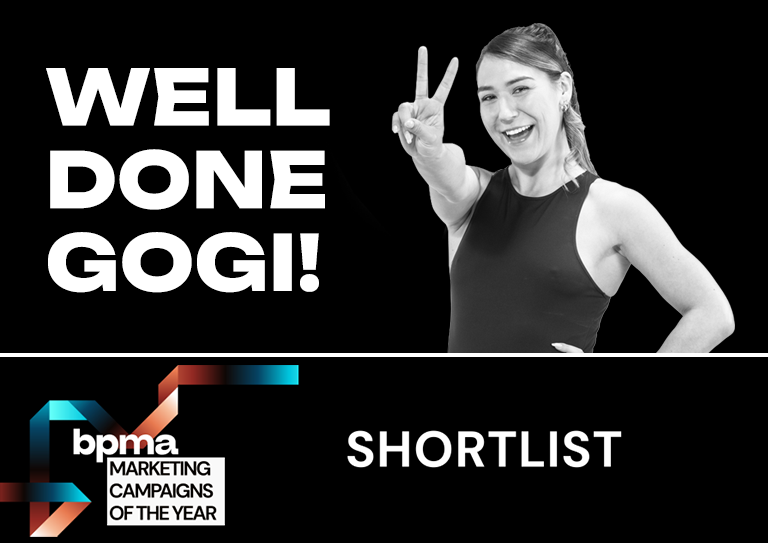 Image: Gordana on a black and white image saying Well Done Gogi after being shortlisted for a BMPA award